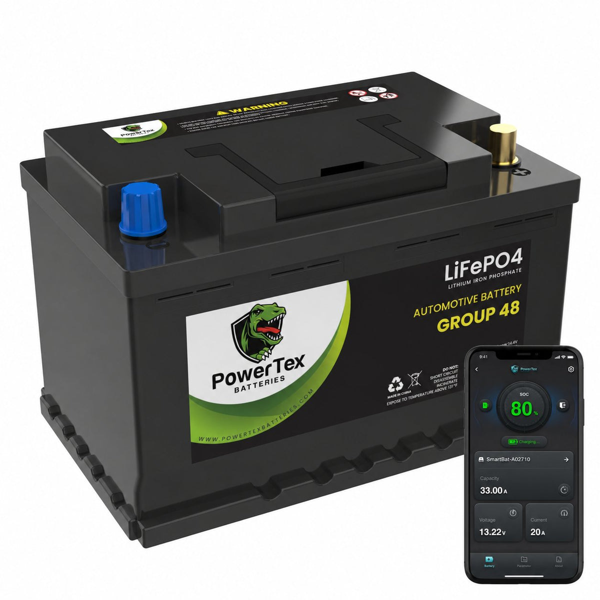 PowerTex Group 48 LiFePO4 automotive battery — Bluetooth monitoring app