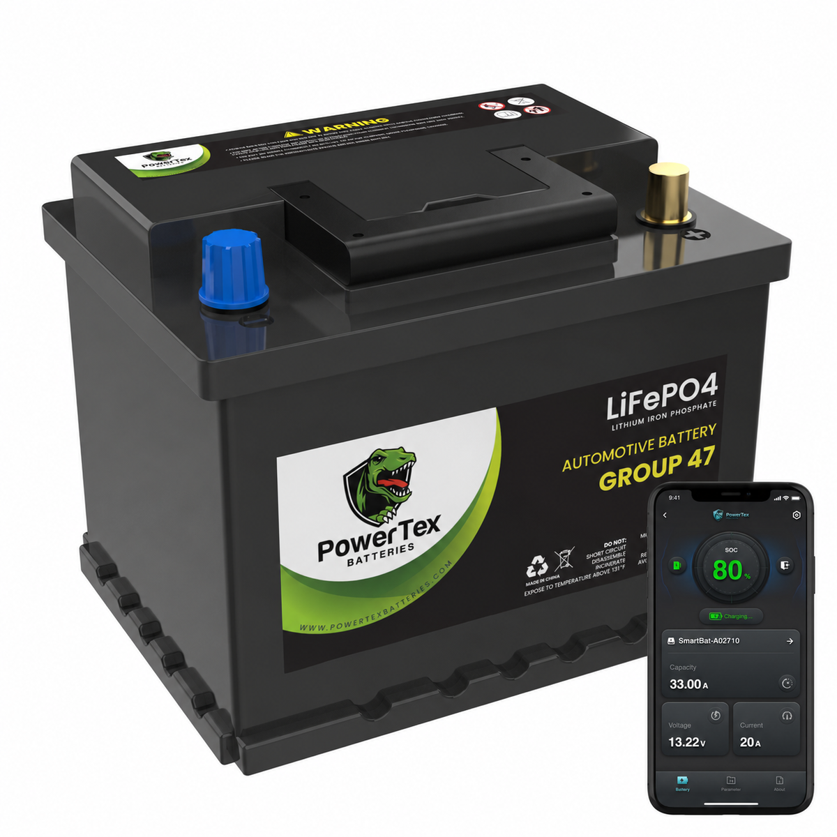 PowerTex Group 47 LiFePO4 automotive battery — front product view