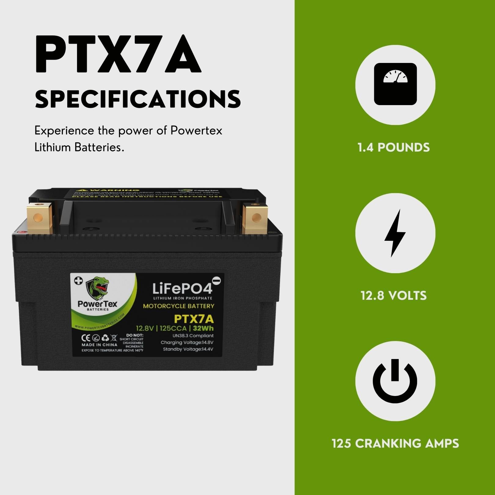 Powertex Batteries YTX7A-BS LiFePO4 Lithium Iron Phosphate Motorcycle Battery PTX7A