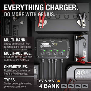 NOCO GENIUS2X4 4-Bank 8-Amp (2-Amp Per Bank) Fully-Automatic Smart 6V And 12V Battery Charger Charger NOCO