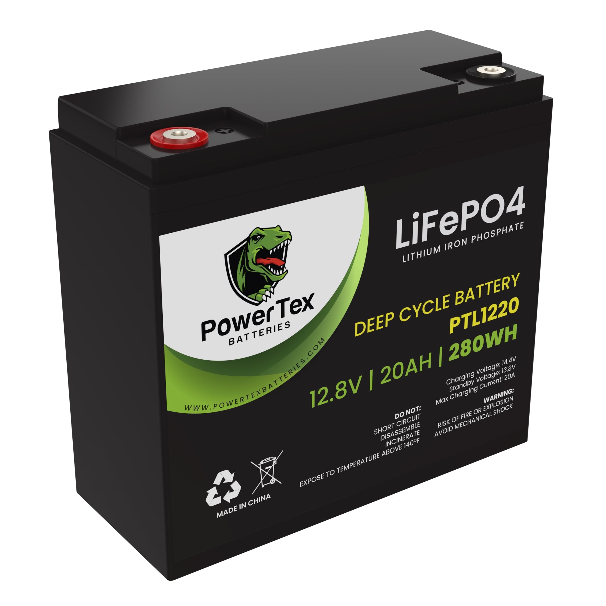 PowerTex Batteries 12V 20Ah LiFePO4 Lithium Iron Phosphate Battery