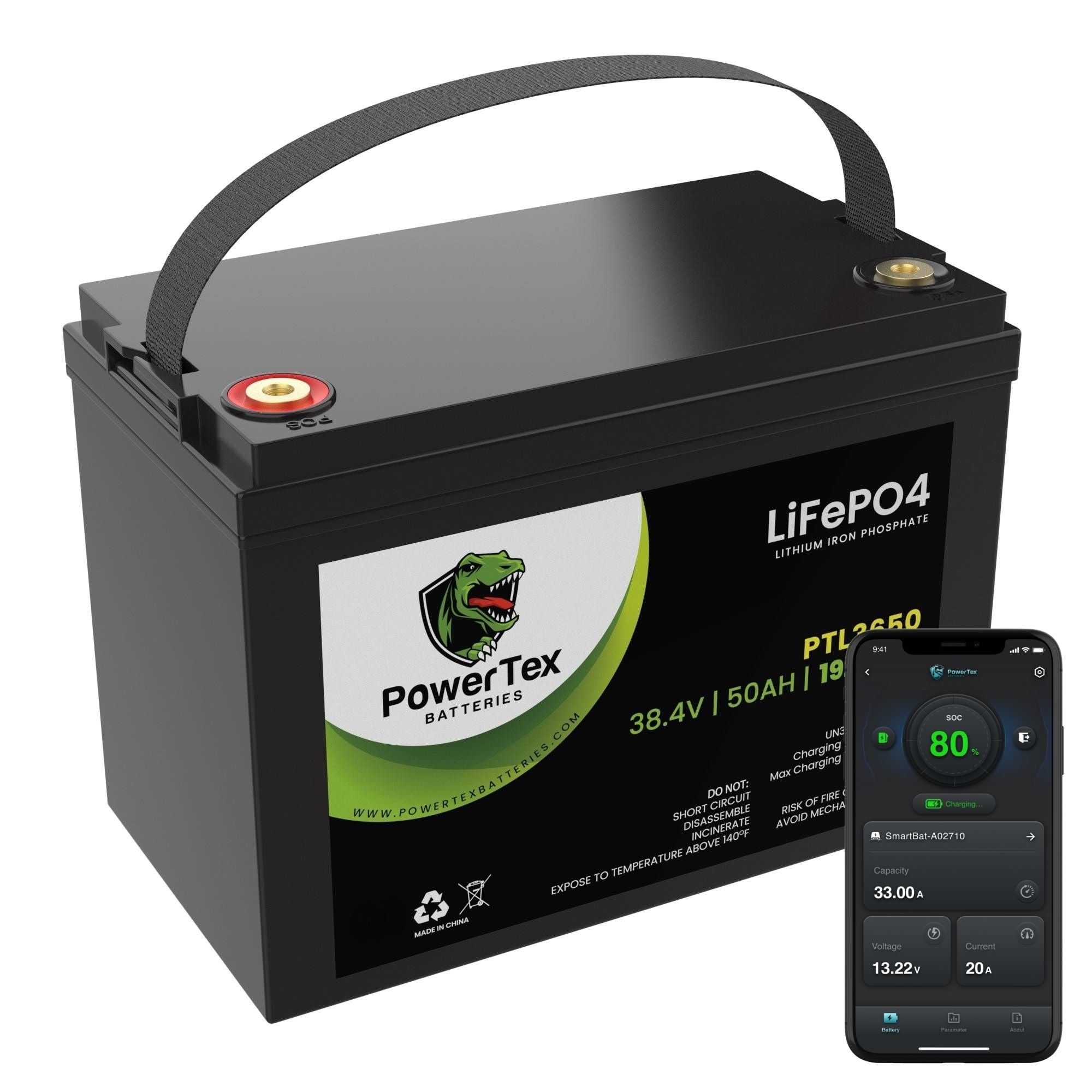 PowerTex Batteries 36V 50Ah LiFePO4 Lithium Iron Phosphate Battery