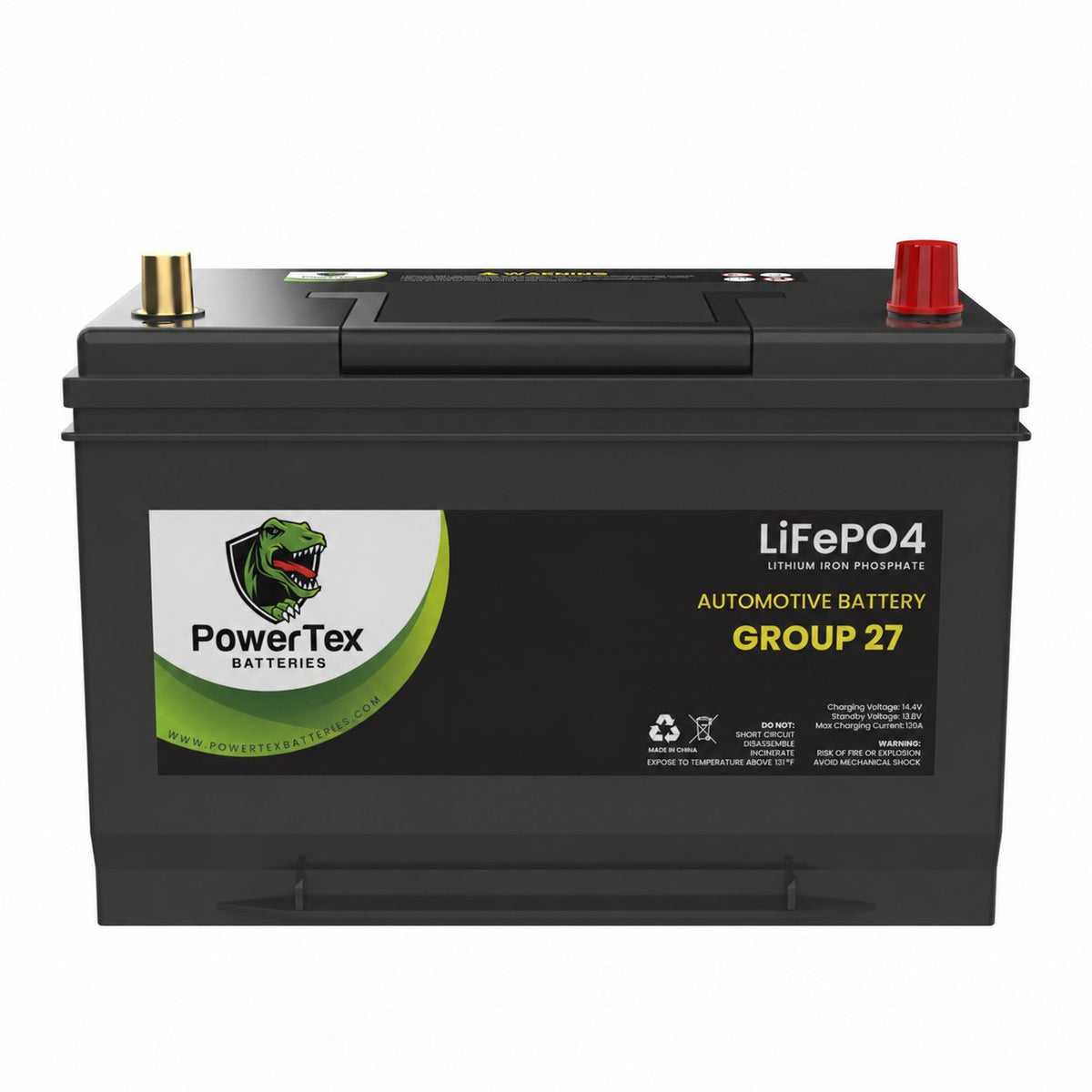 PowerTex Group 27 LiFePO4 automotive battery — side product view