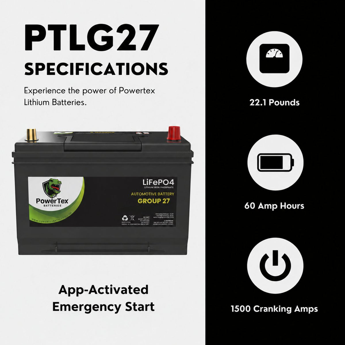 PowerTex Group 27 LiFePO4 automotive battery — specifications