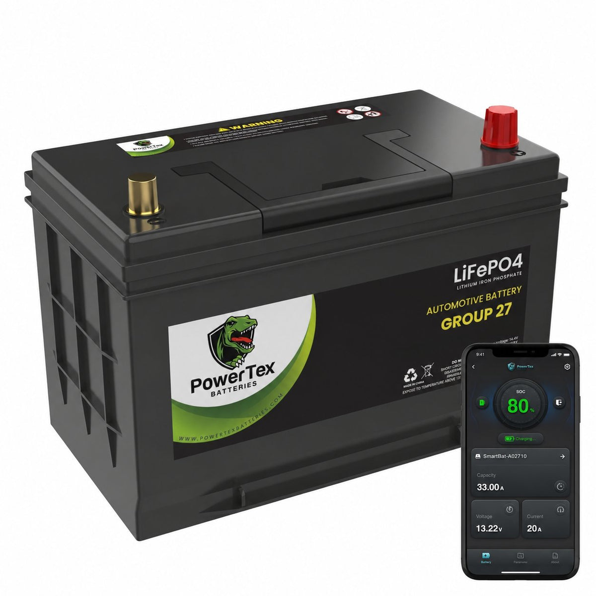PowerTex Group 27 LiFePO4 automotive battery — Bluetooth monitoring app