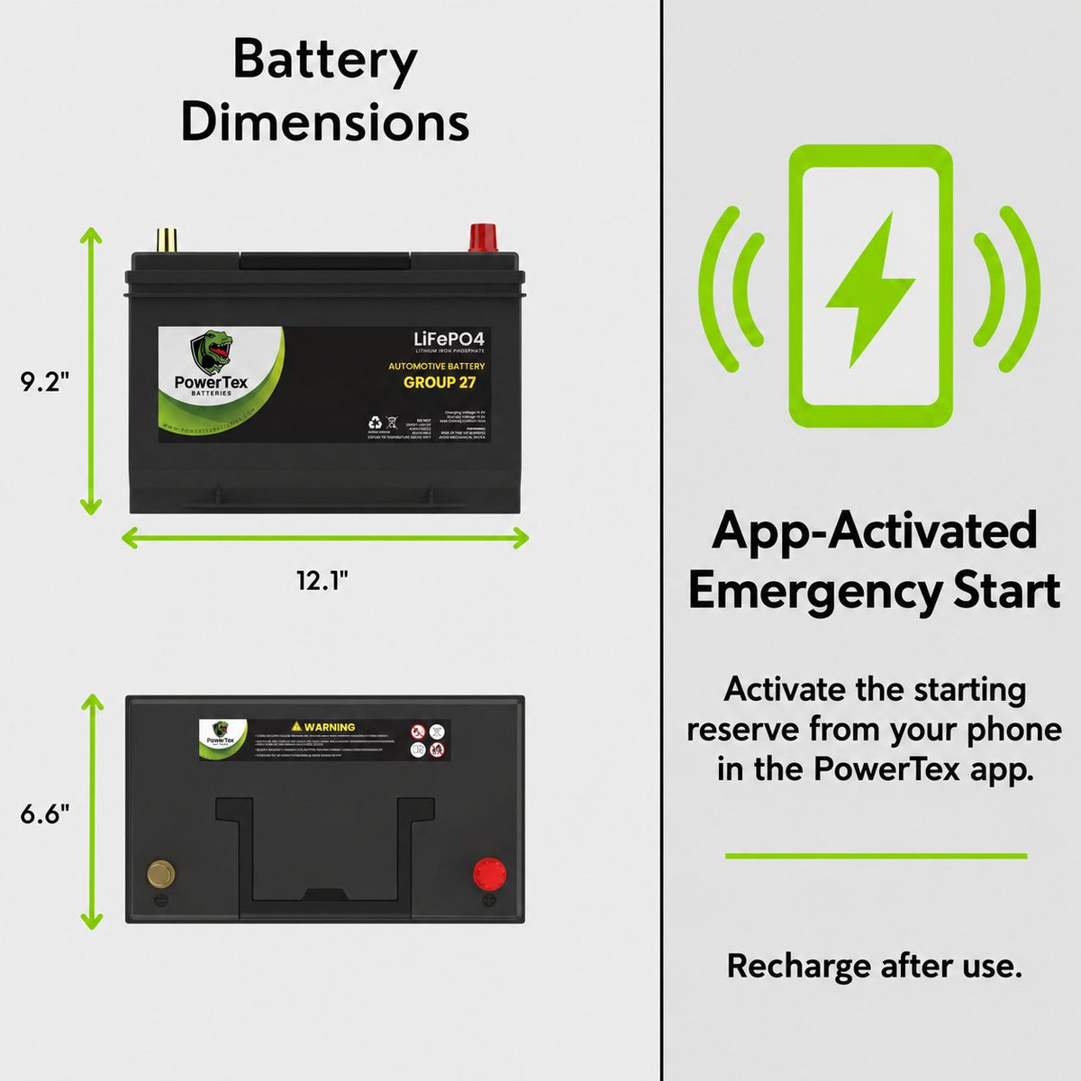 PowerTex Group 27 LiFePO4 automotive battery — dimensions and terminal layout