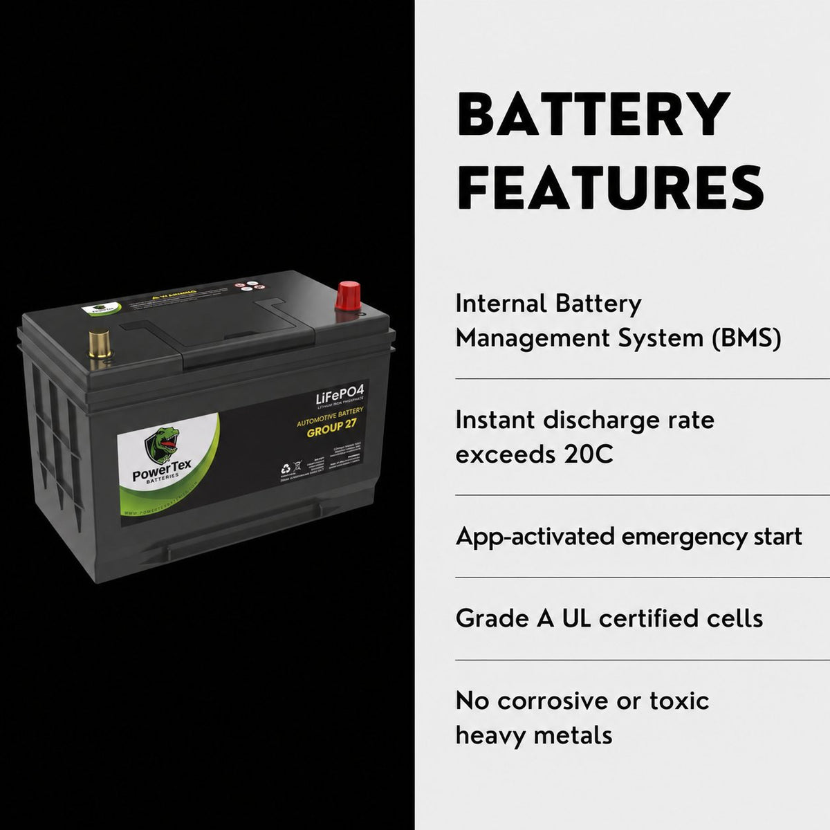 PowerTex Group 27 LiFePO4 automotive battery — features and benefits