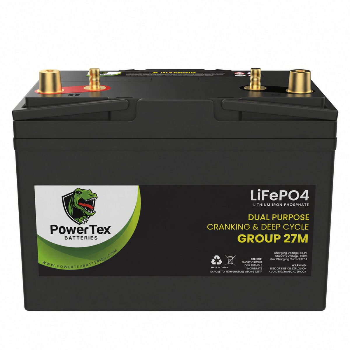 PowerTex Group 27M LiFePO4 automotive battery — top and terminal view