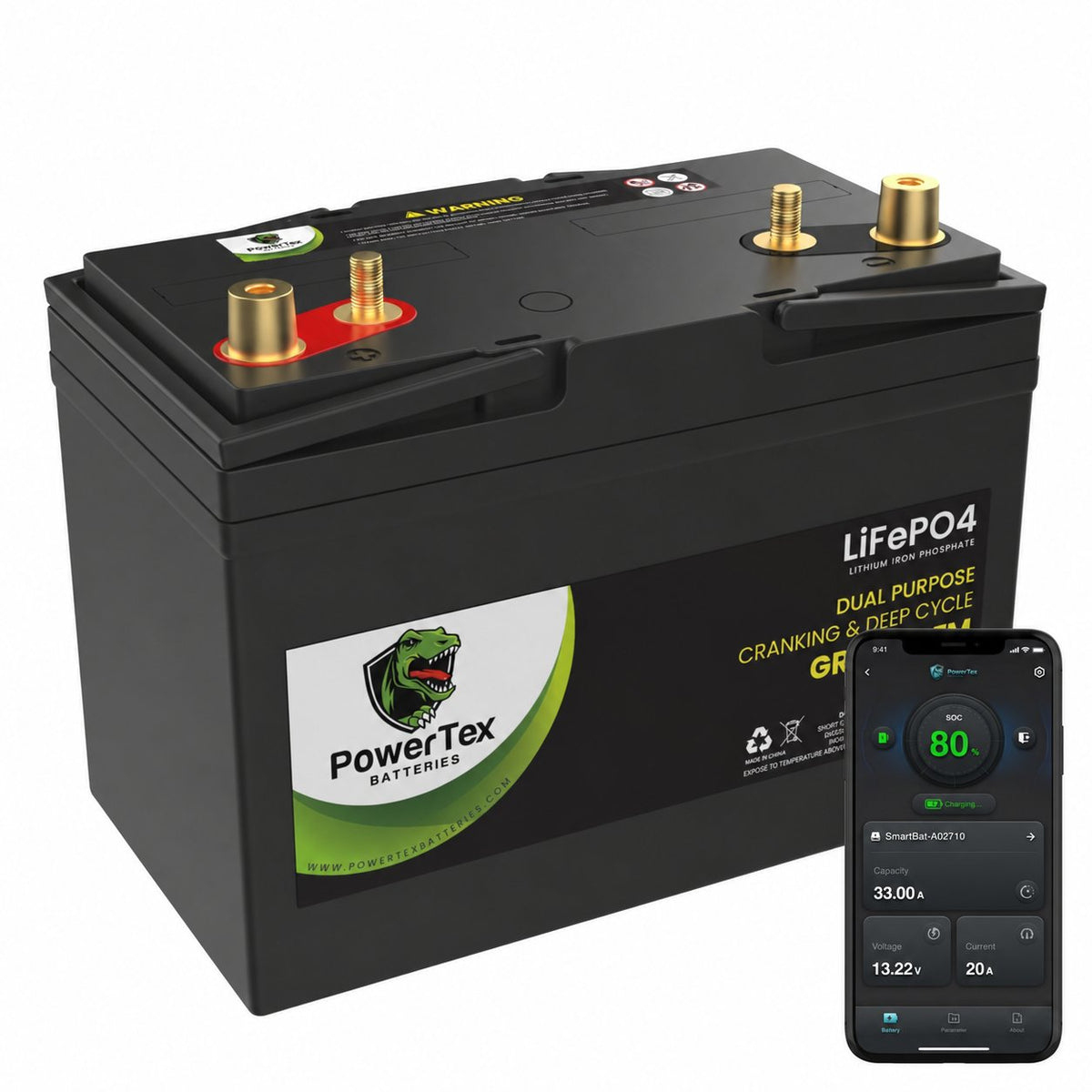 PowerTex Group 27M LiFePO4 automotive battery — Bluetooth monitoring app