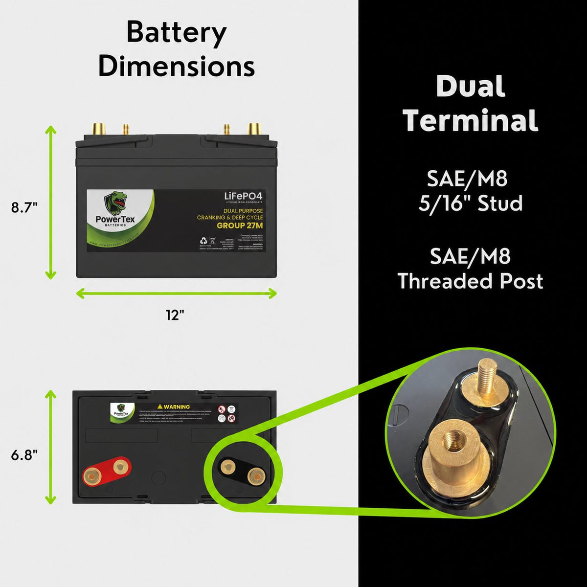 PowerTex Group 27M LiFePO4 automotive battery — dimensions and terminal layout