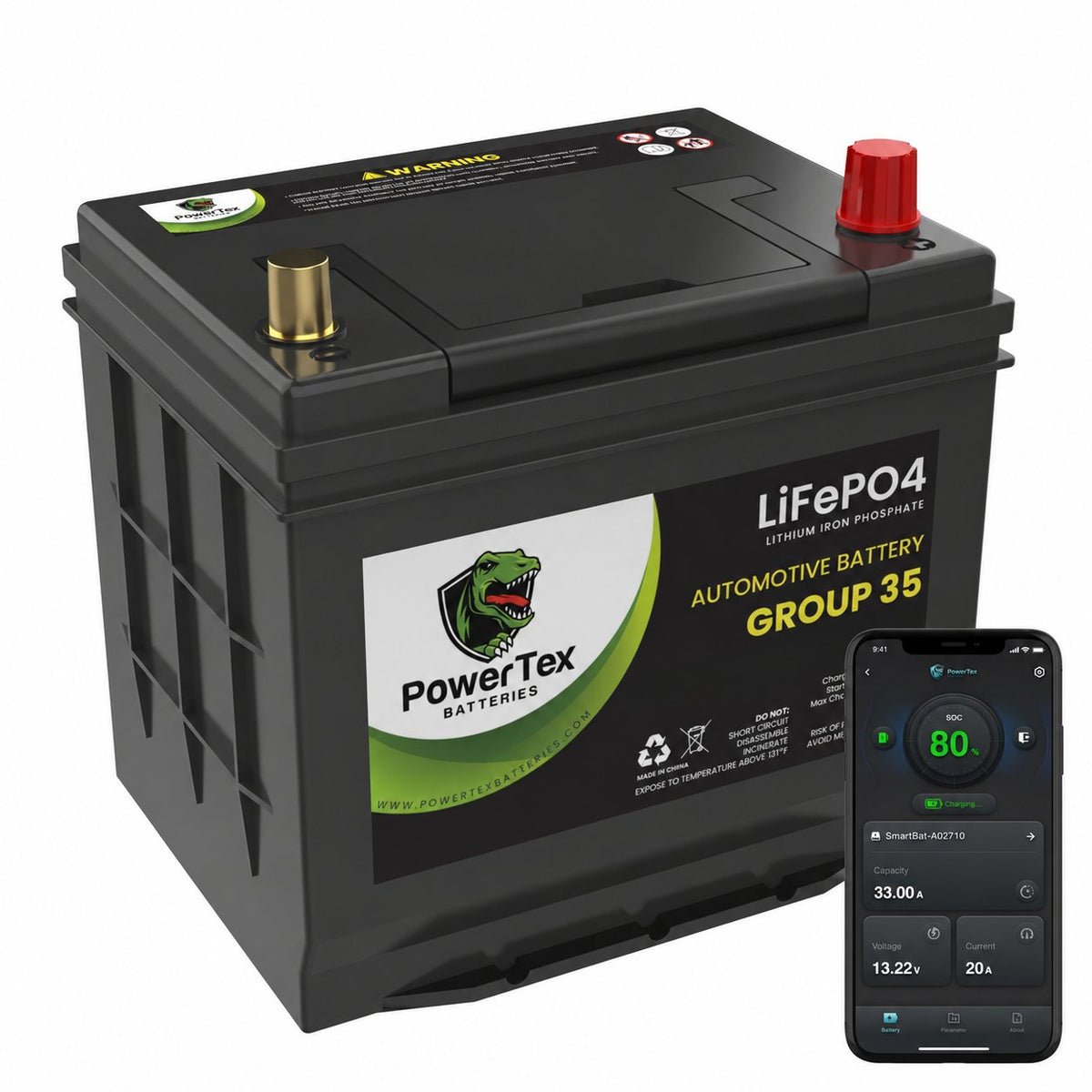 PowerTex Group 35 LiFePO4 automotive battery — Bluetooth monitoring app