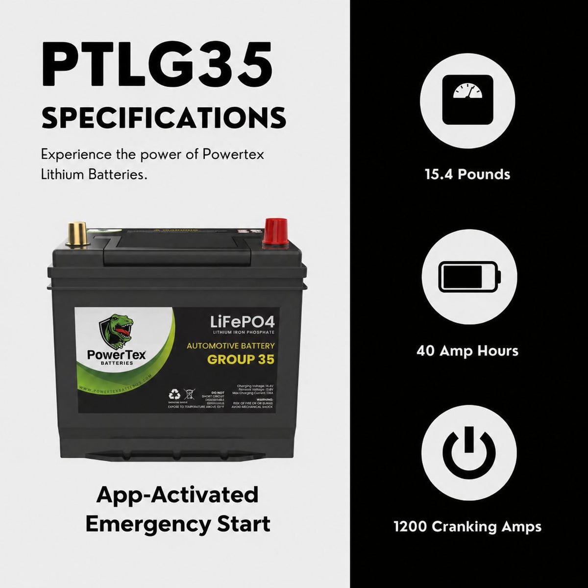 PowerTex Group 35 LiFePO4 automotive battery — specifications