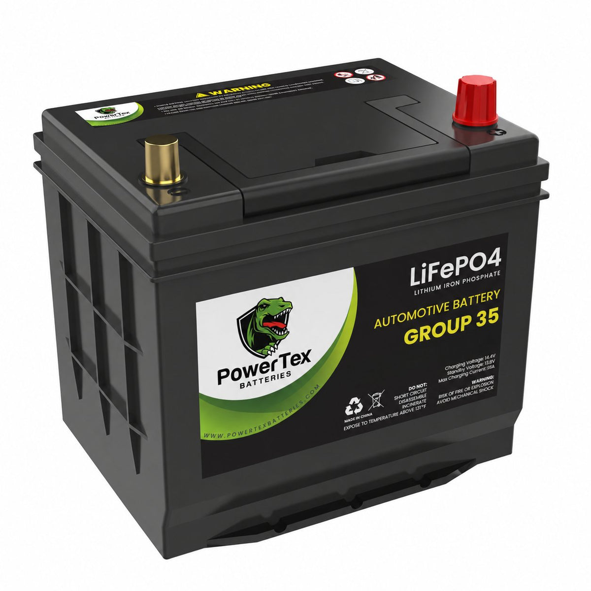 PowerTex Group 35 LiFePO4 automotive battery — front product view