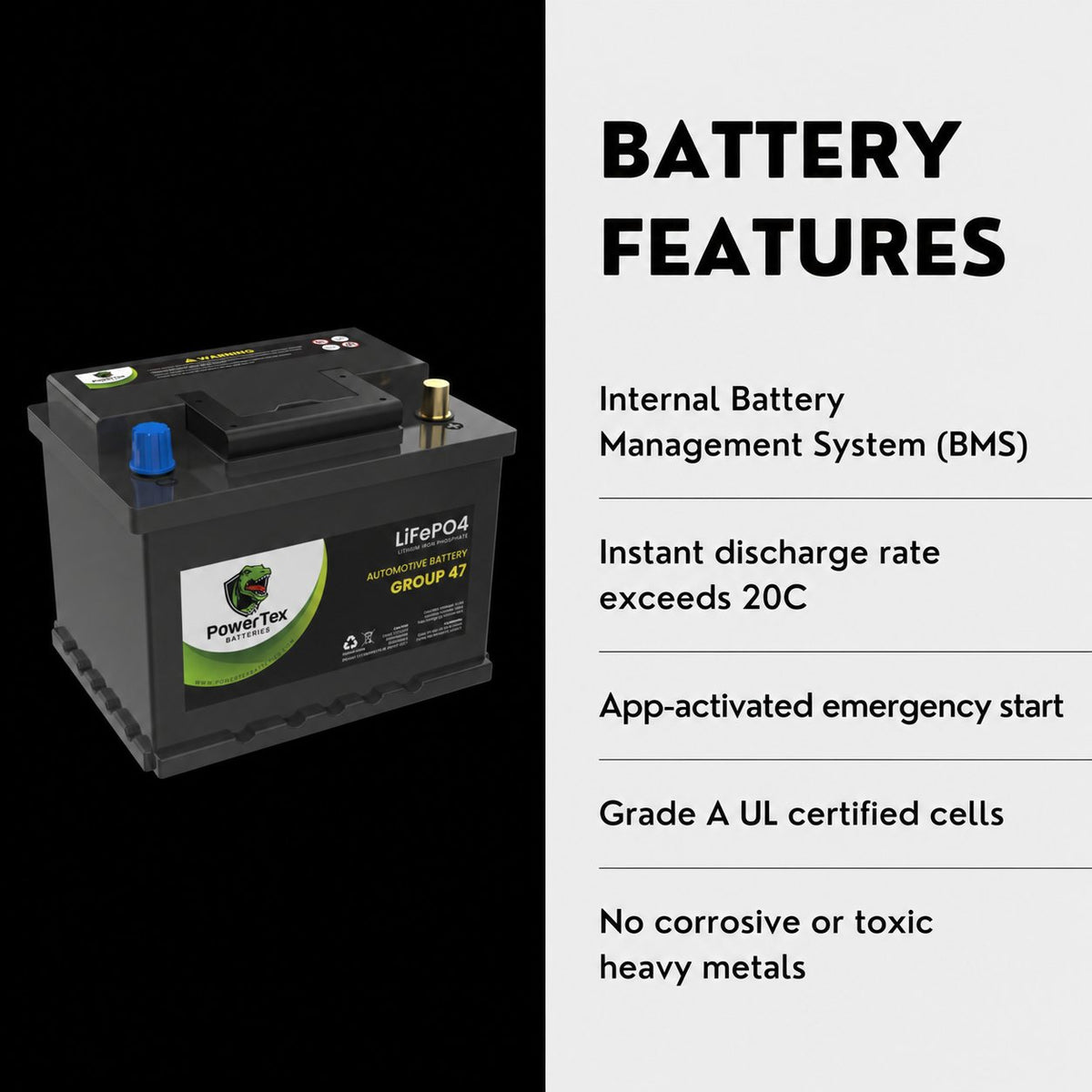 PowerTex Group 47 LiFePO4 automotive battery — features and benefits