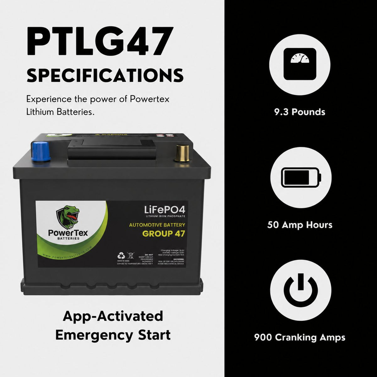PowerTex Group 47 LiFePO4 automotive battery — specifications