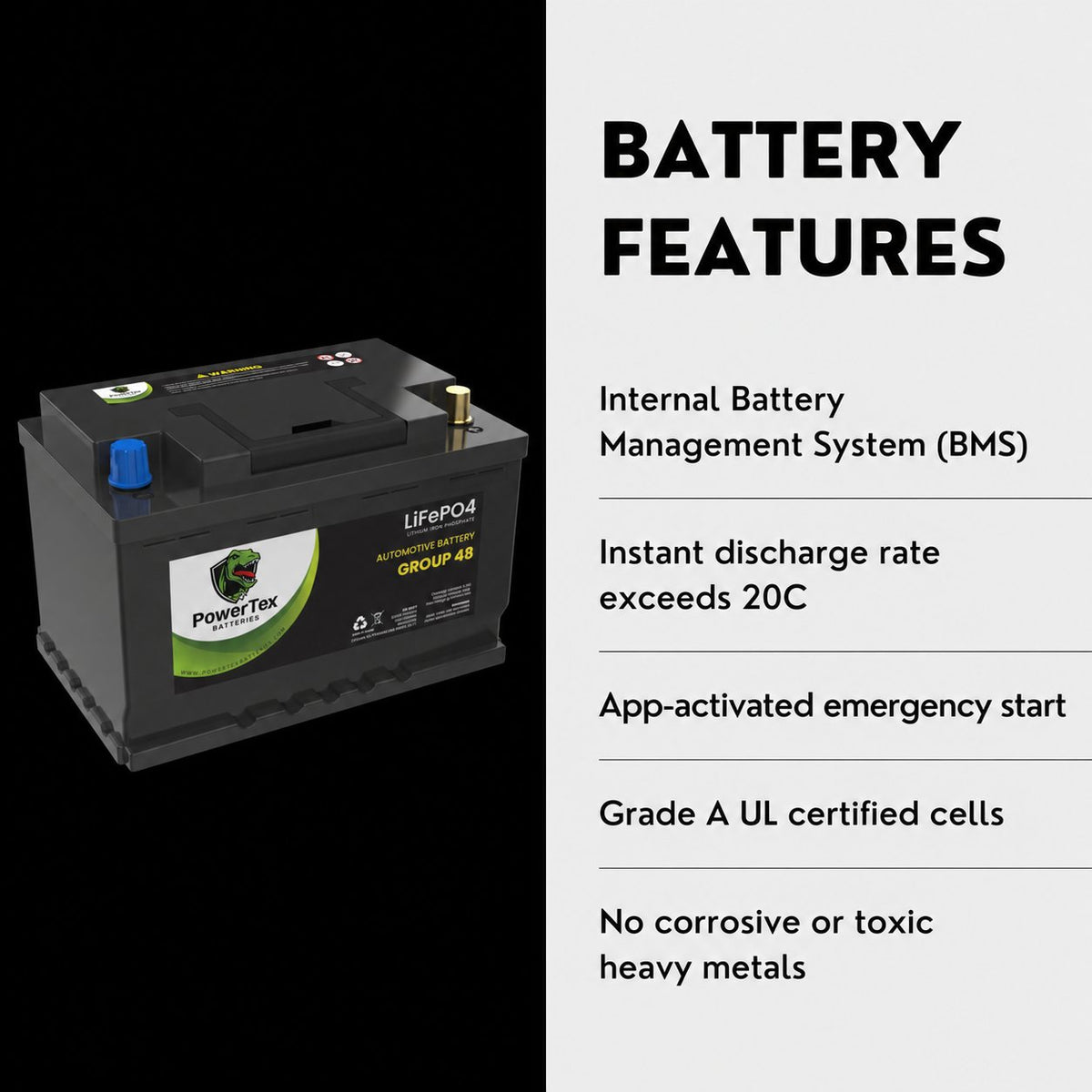 PowerTex Group 48 LiFePO4 automotive battery — features and benefits