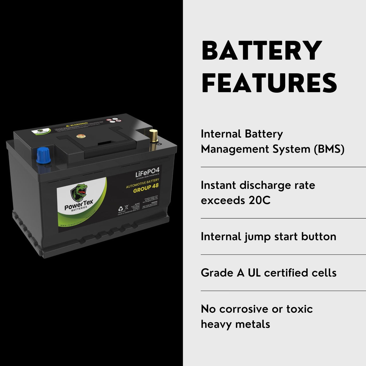 2024 Ford F-150 V6 3.5L Replacement Car Battery BCI Group 48 Lithium LiFePO4 Automotive Powertex Battery