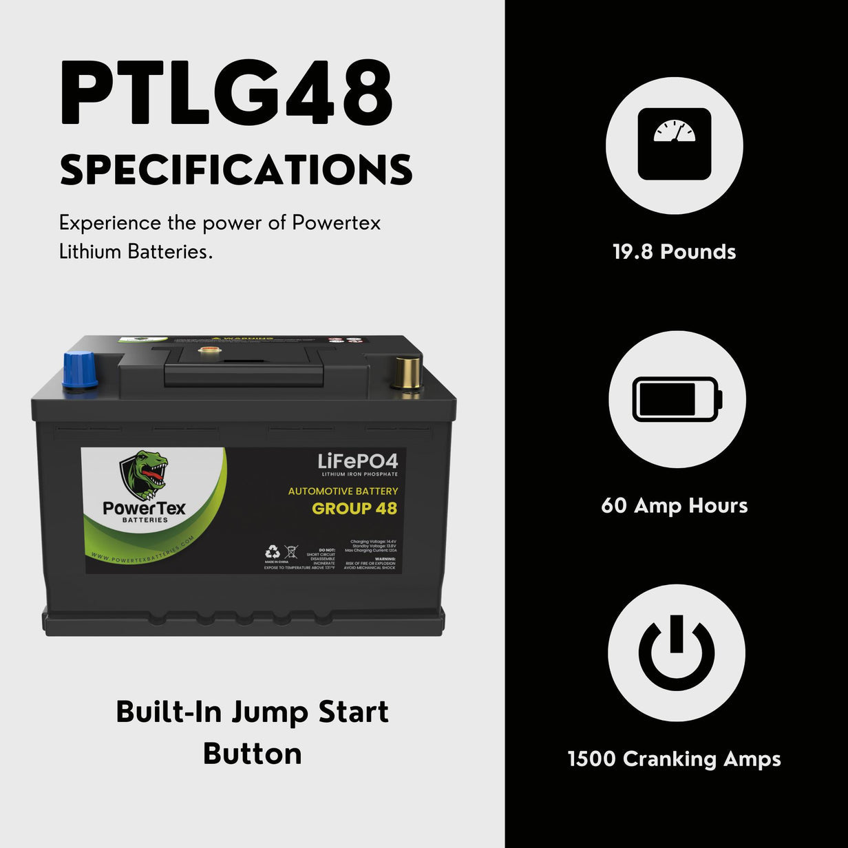 2022 Dodge Durango SXT V6 3.6L Replacement Car Battery BCI Group 48 Lithium LiFePO4 Automotive Powertex Battery