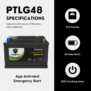 PowerTex Group 48 LiFePO4 automotive battery — specifications