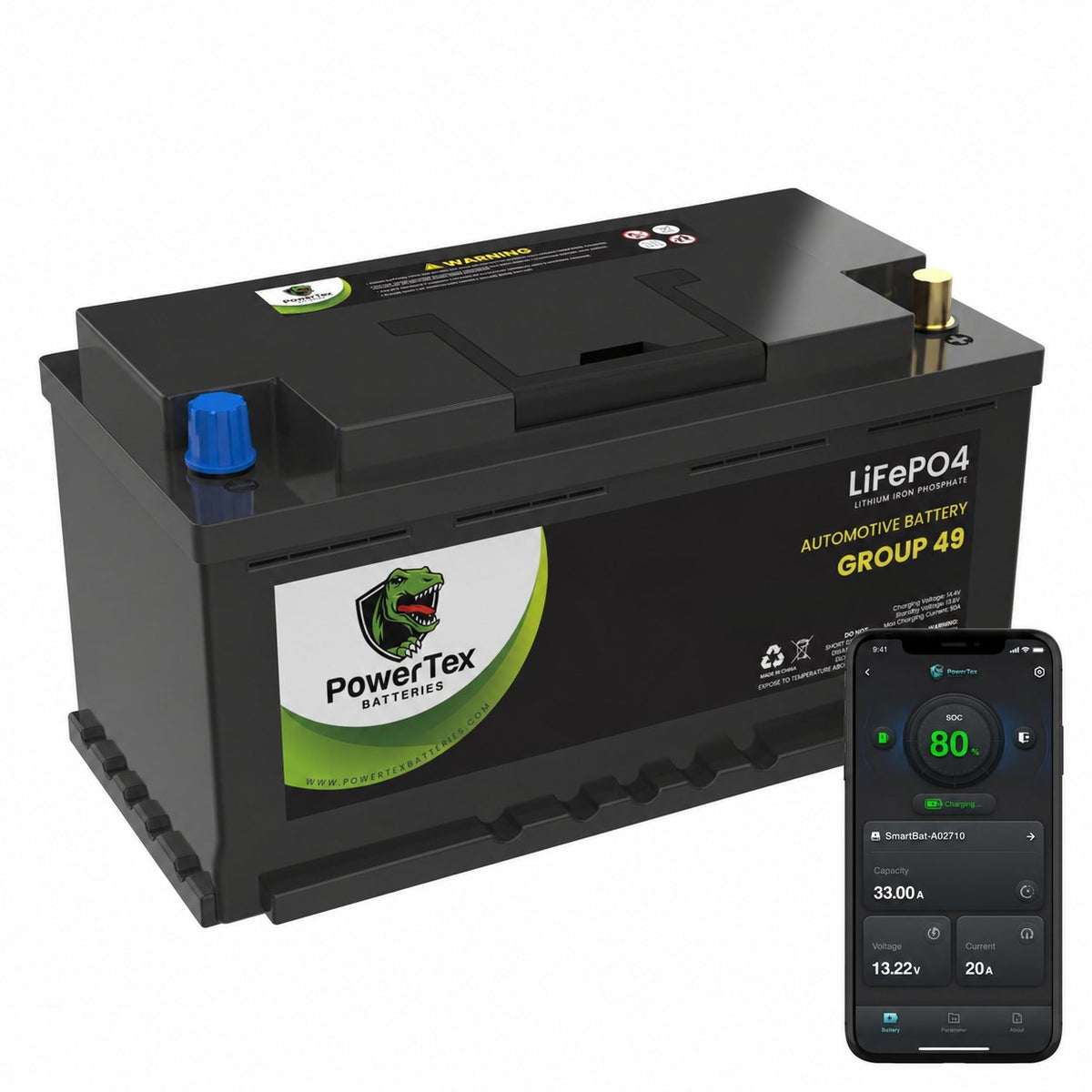 PowerTex Group 49 LiFePO4 automotive battery — Bluetooth monitoring app