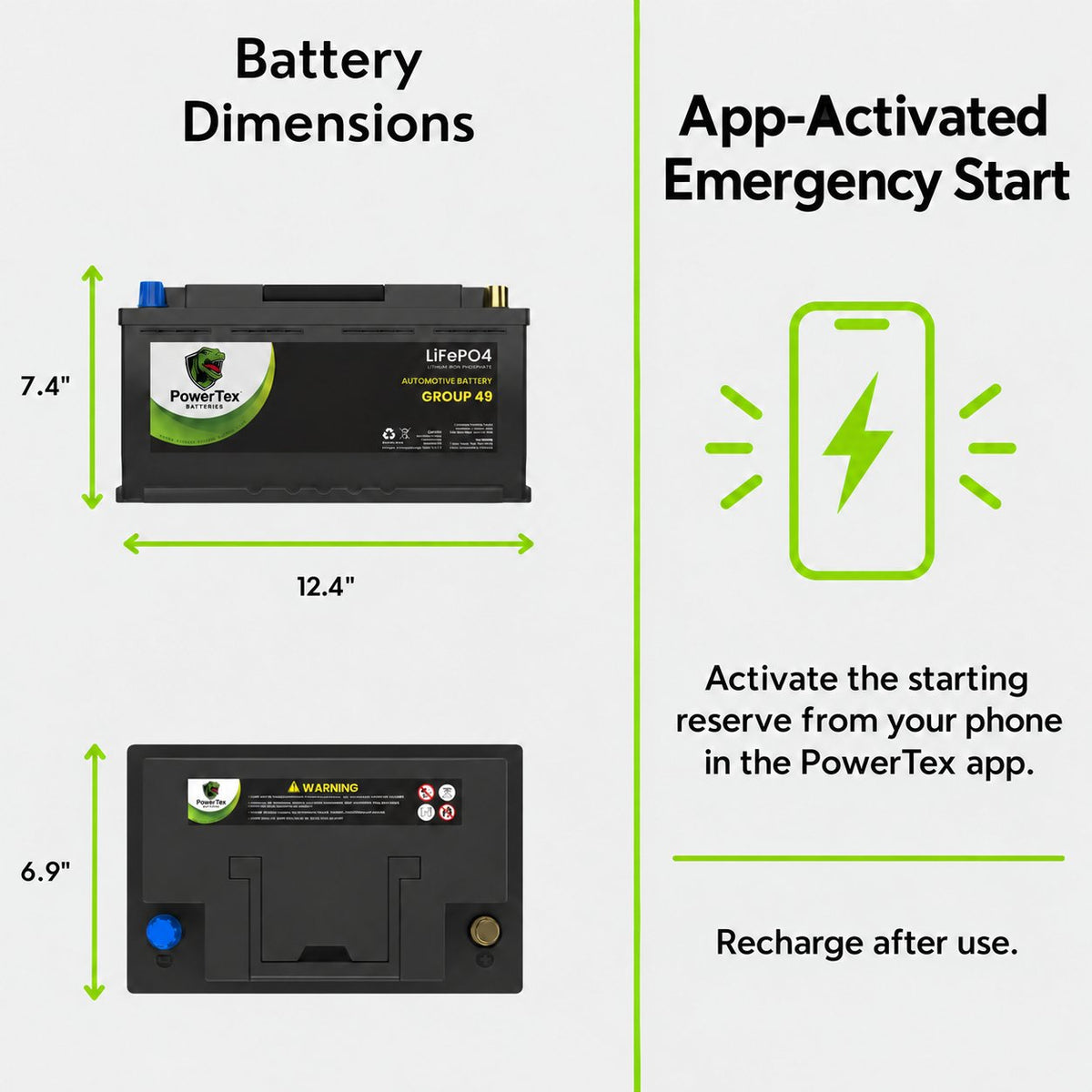 PowerTex Group 49 LiFePO4 automotive battery — dimensions and terminal layout