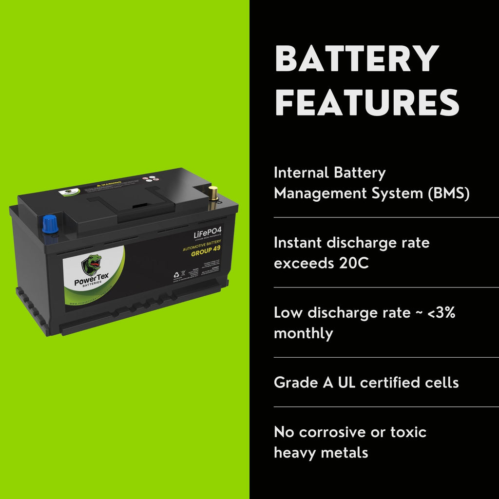 PowerTex Batteries BCI Group 49 H8 Lithium LiFePO4 Automotive Battery