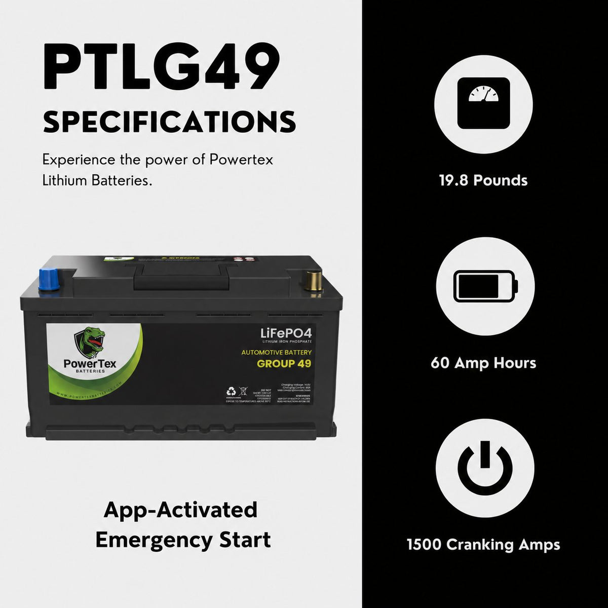 PowerTex Group 49 LiFePO4 automotive battery — specifications