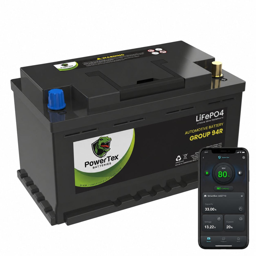 PowerTex Group 94R LiFePO4 automotive battery — Bluetooth monitoring app