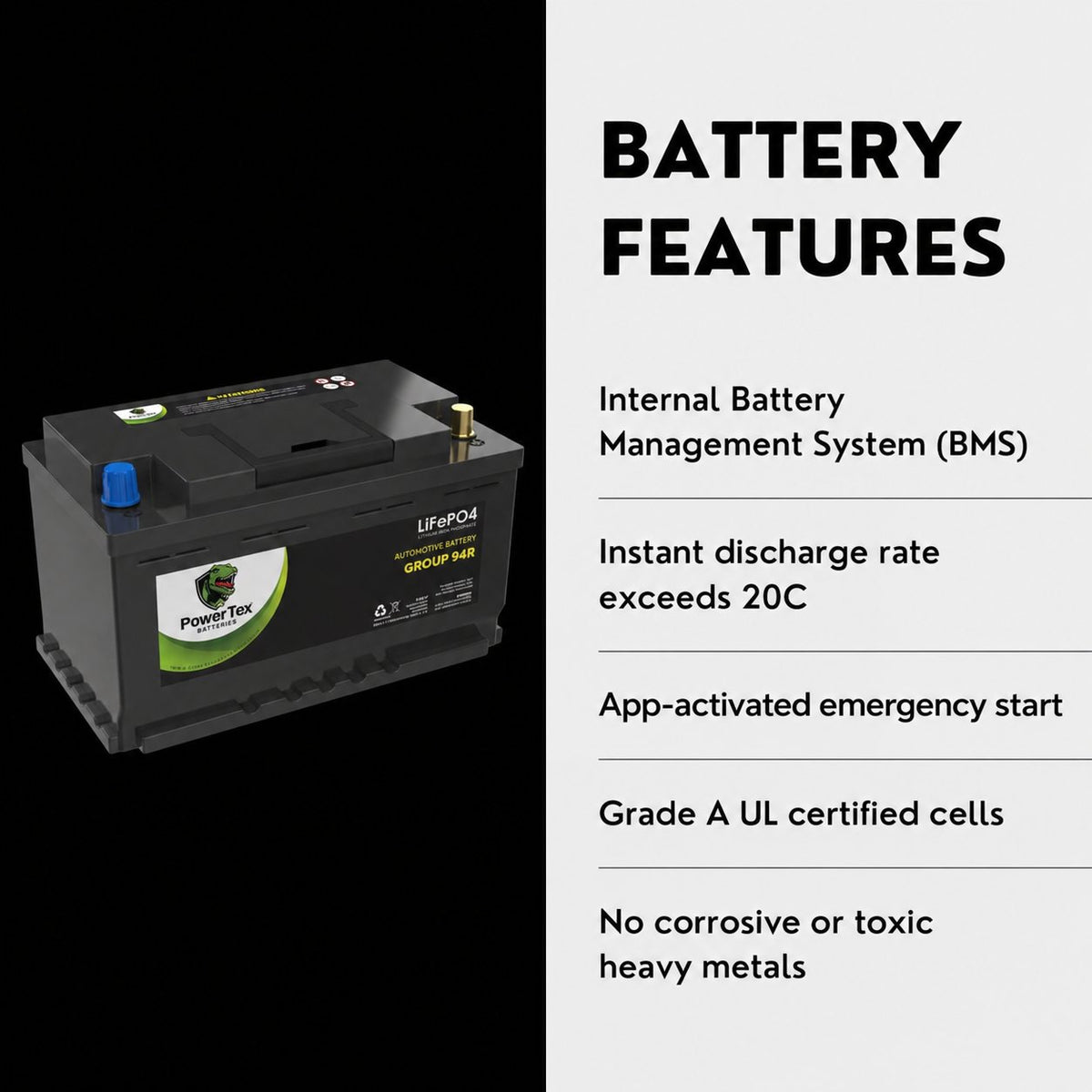 PowerTex Group 94R LiFePO4 automotive battery — features and benefits