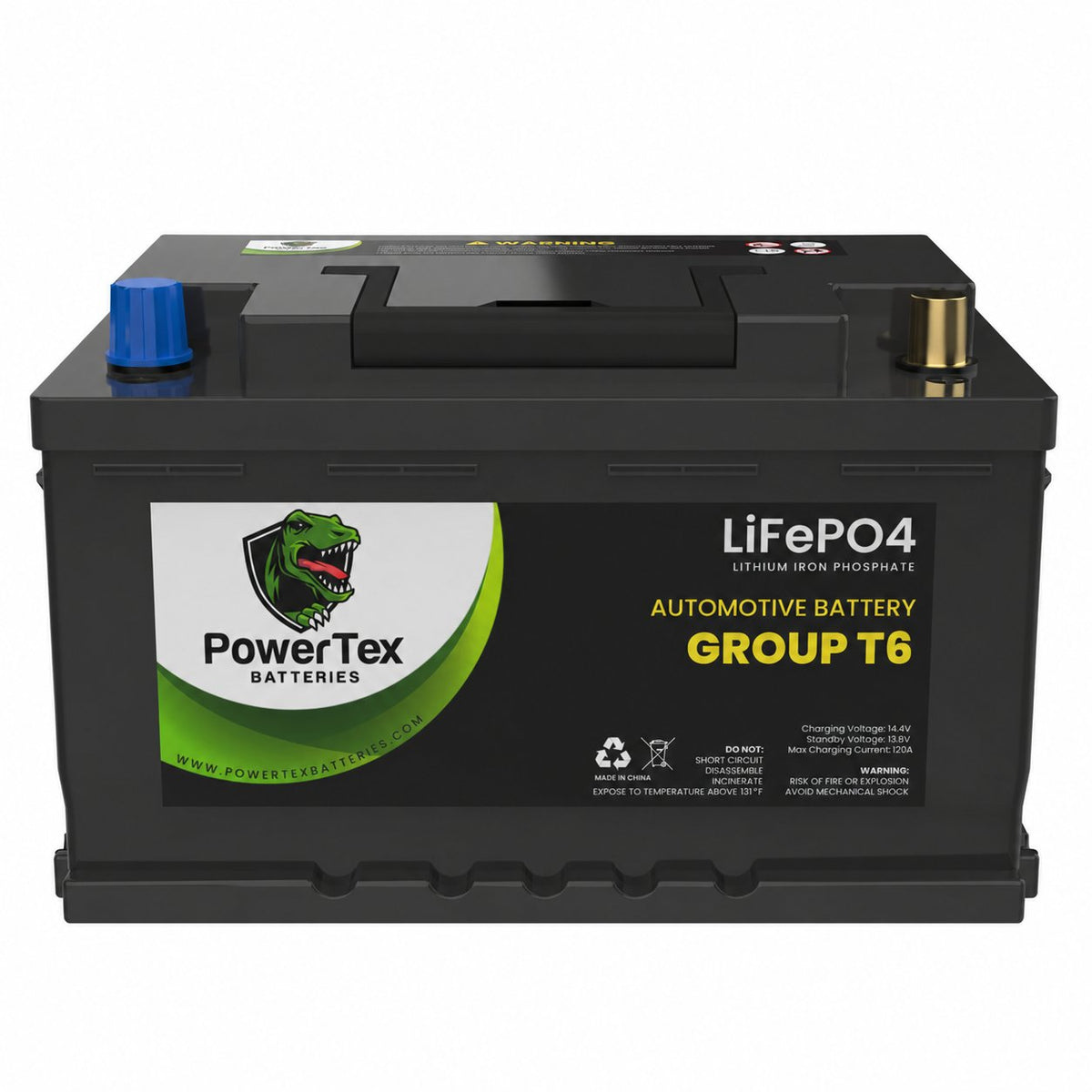 PowerTex Group T6 LiFePO4 automotive battery — top and terminal view