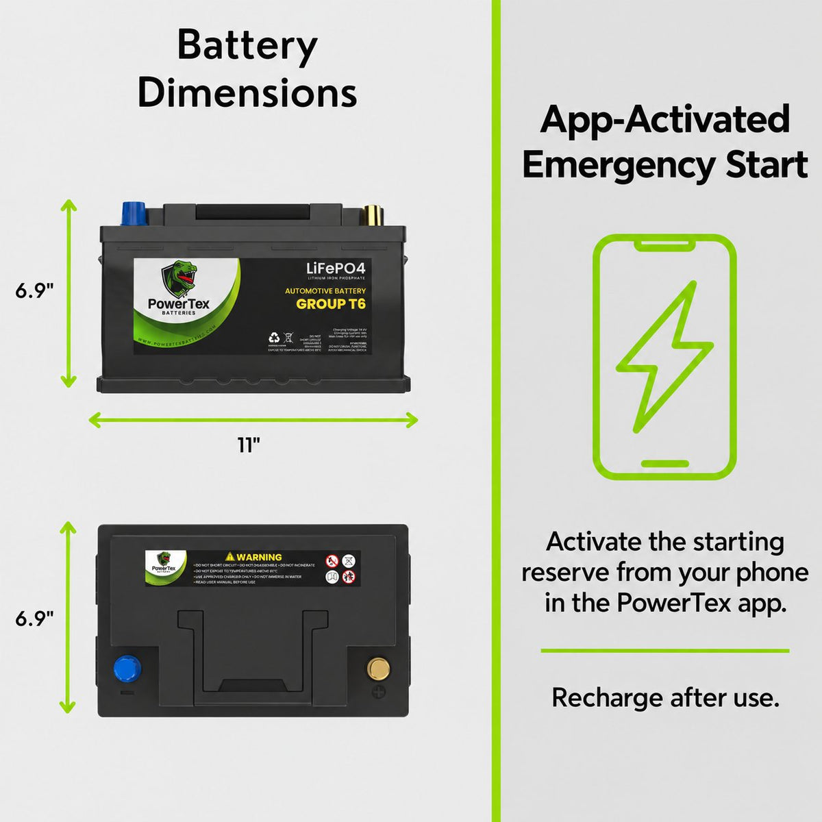 PowerTex Group T6 LiFePO4 automotive battery — dimensions and terminal layout