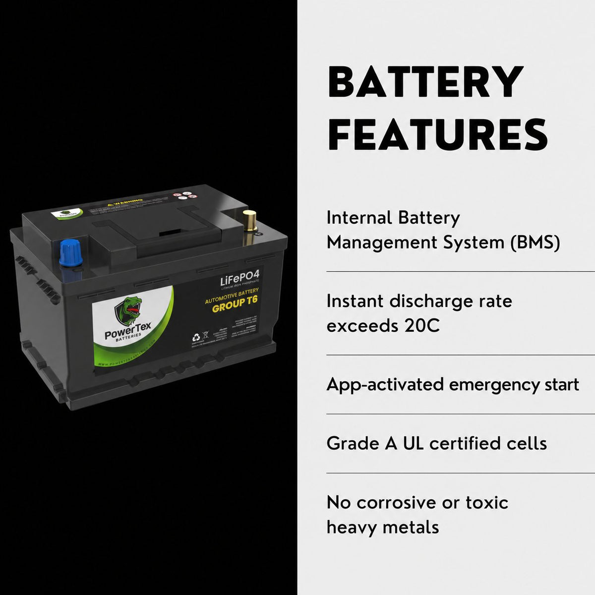 PowerTex Group T6 LiFePO4 automotive battery — features and benefits