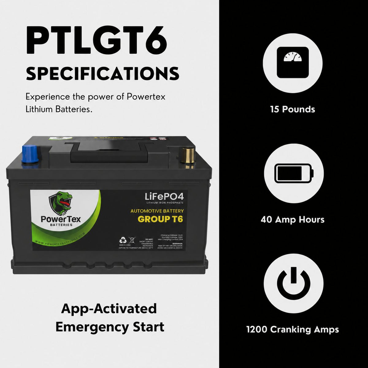 PowerTex Group T6 LiFePO4 automotive battery — specifications