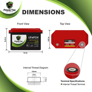 PowerTex Batteries 24V 50Ah Lithium Iron Phosphate LiFePO4 LFP Deep Cycle Rechargeable Battery