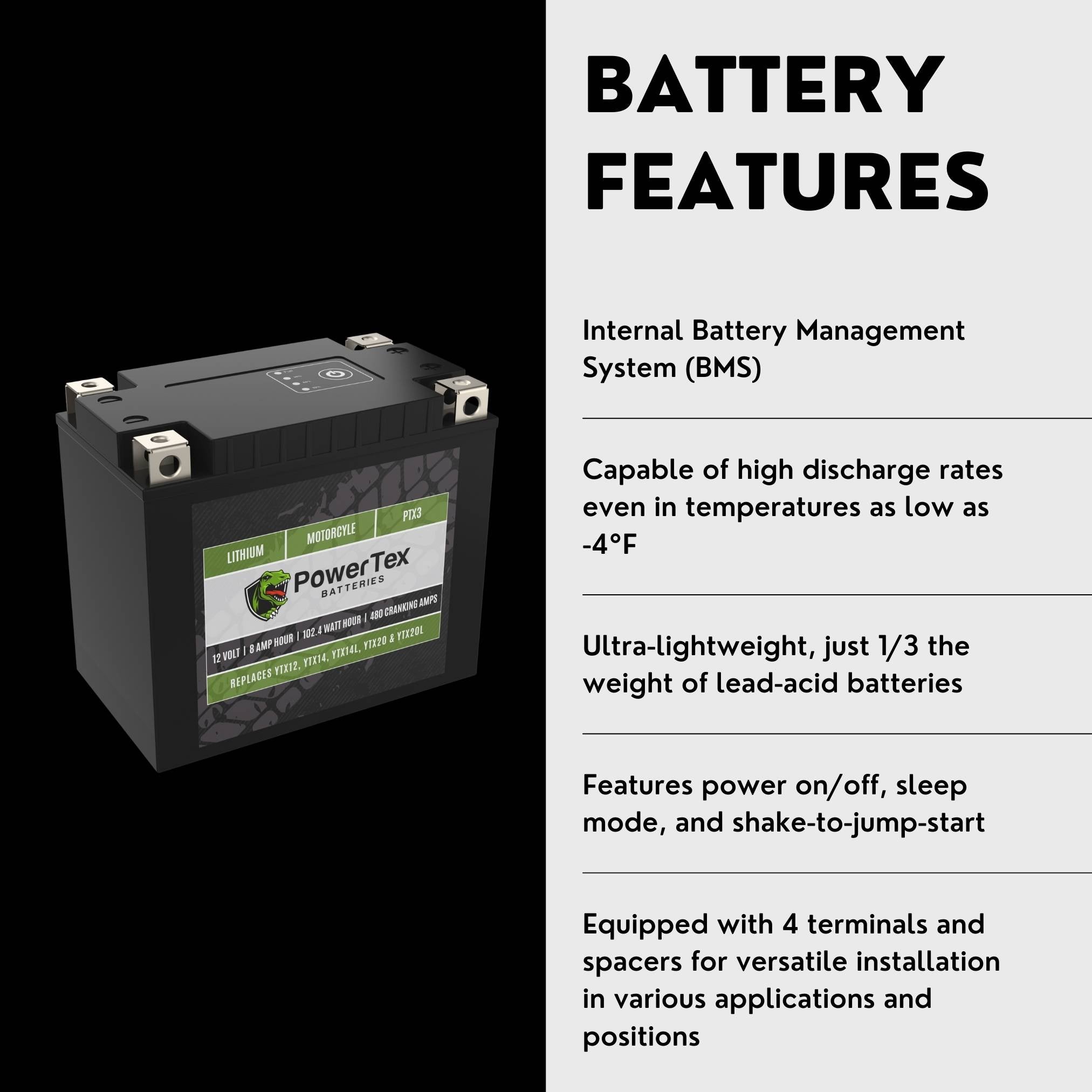 PowerTex YTX20CH-BS LiFePO4 Lithium Iron Phosphate Motorcycle