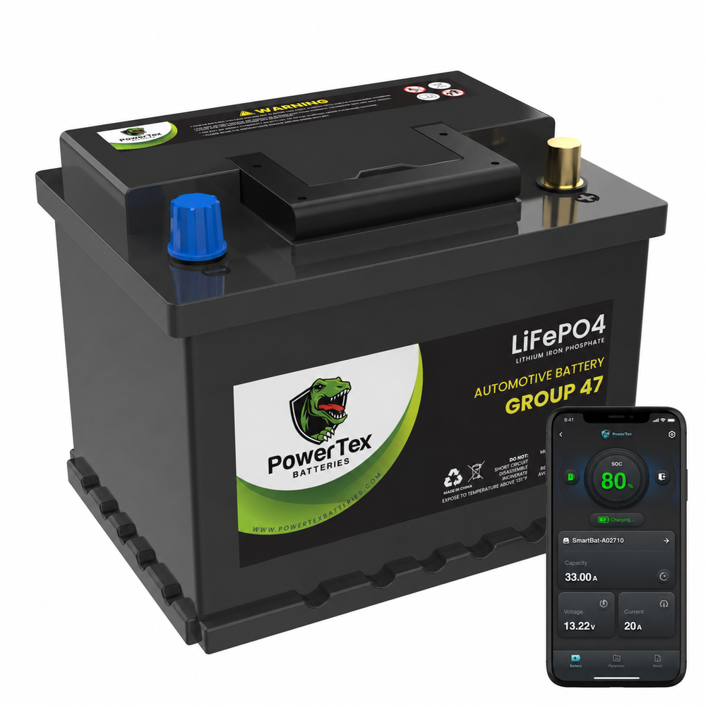 PowerTex Group 47 LiFePO4 automotive battery — front product view