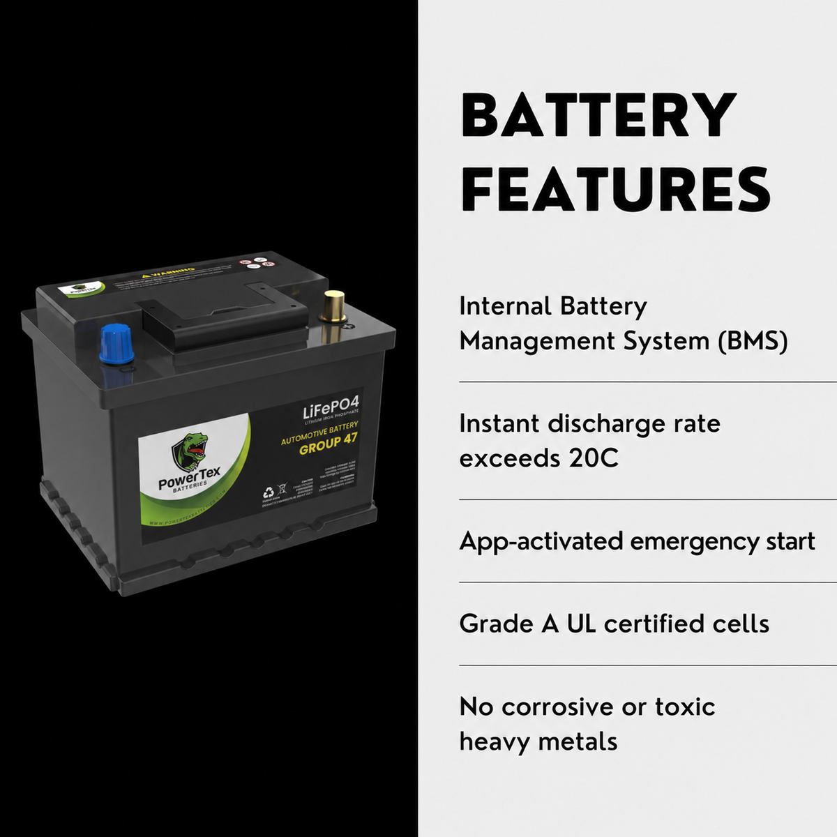 PowerTex Group 47 LiFePO4 automotive battery — features and benefits