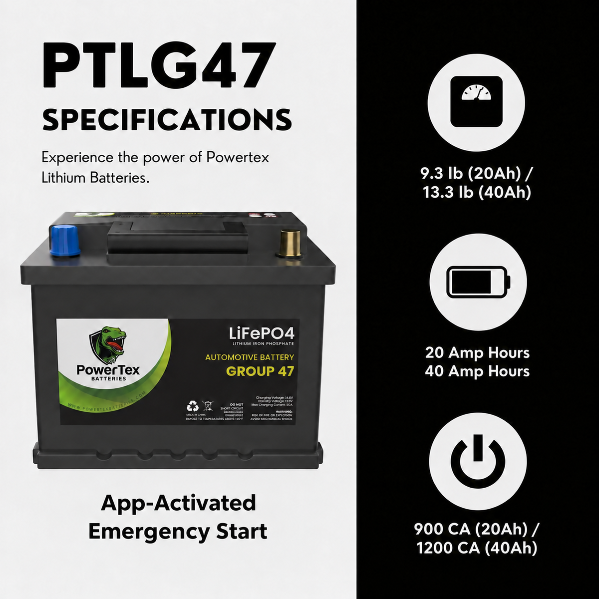 PowerTex Group 47 LiFePO4 automotive battery — specifications