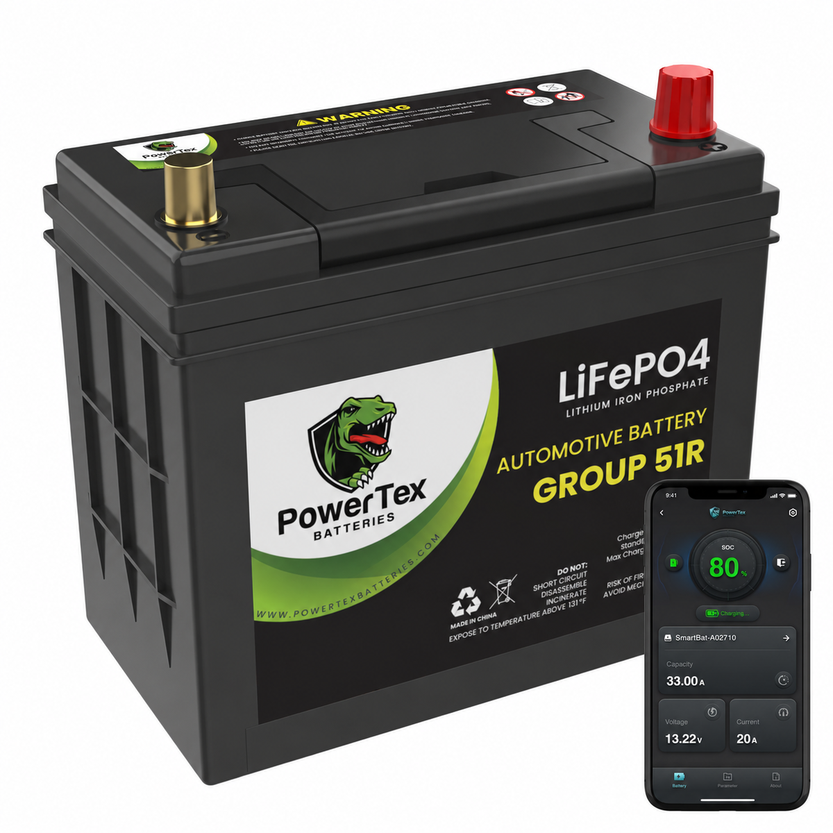 PowerTex Group 51R LiFePO4 automotive battery — front product view