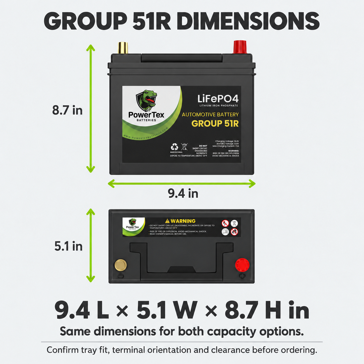 PowerTex Group 51R LiFePO4 automotive battery — dimensions and terminal layout