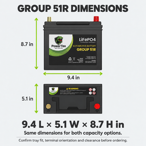 PowerTex Group 51R LiFePO4 automotive battery — dimensions and terminal layout
