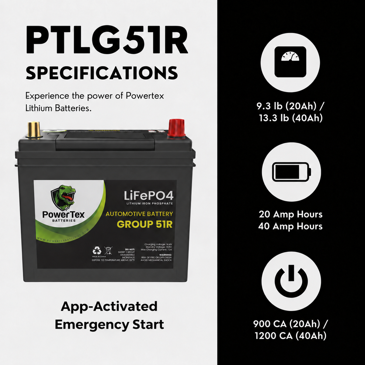 PowerTex Group 51R LiFePO4 automotive battery — specifications