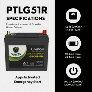 PowerTex Group 51R LiFePO4 automotive battery — specifications