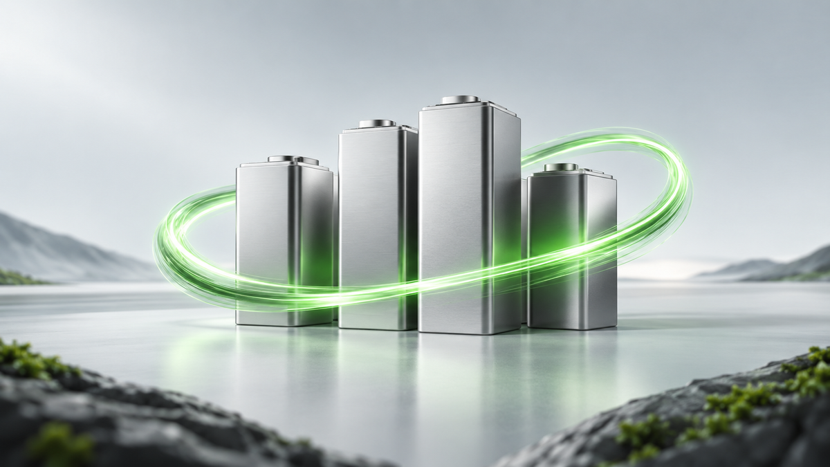 Concept illustration of lithium battery cells surrounded by a green energy loop