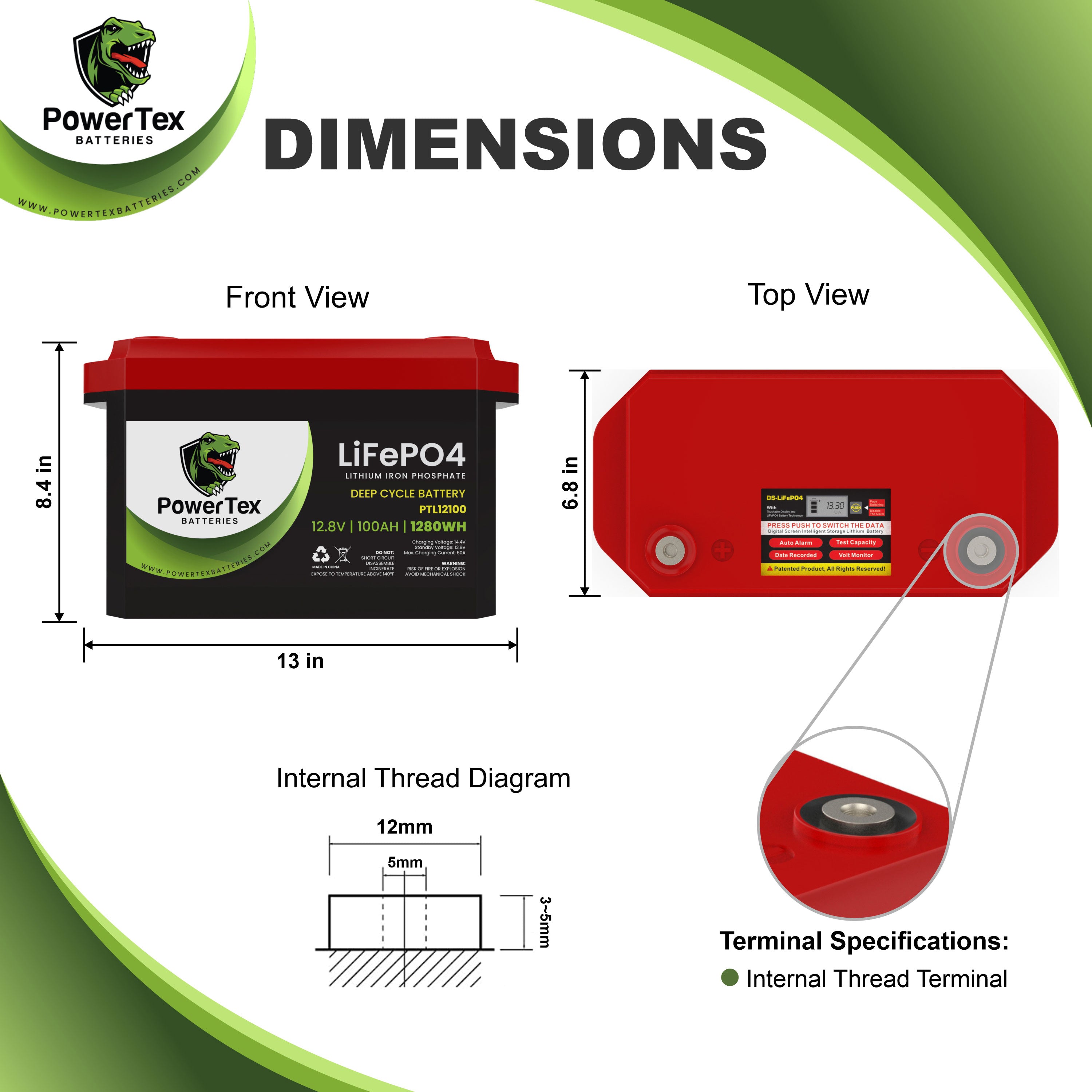 PowerTex Batteries 12V 100Ah Lithium Iron Phosphate LiFePO4 LFP Deep Cycle Rechargeable Battery