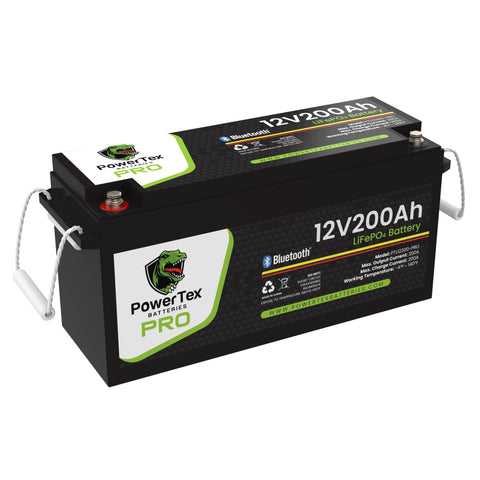 PowerTex Batteries 12V 200Ah Bluetooth Lithium Iron Phosphate LiFePO4 LFP Deep Cycle Rechargeable Battery