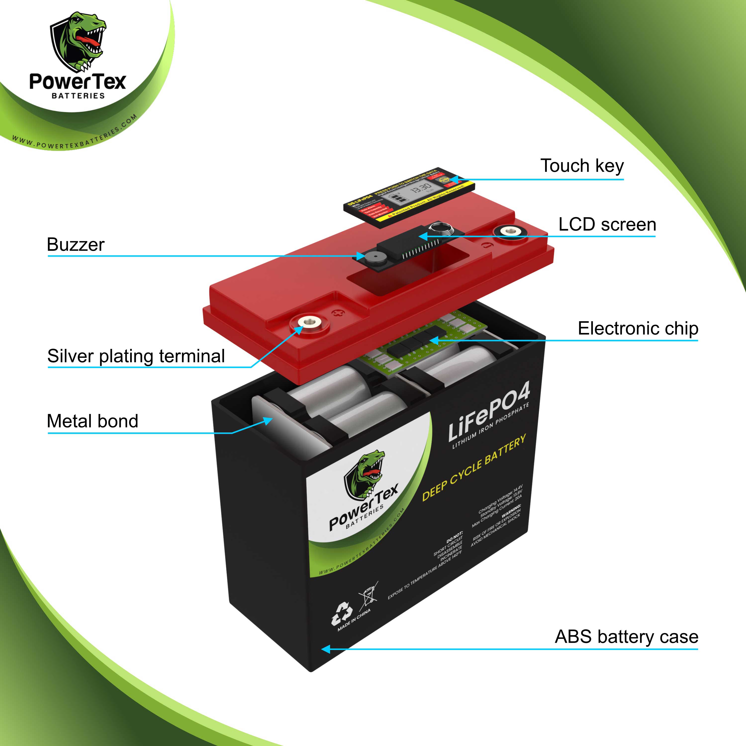 PowerTex Batteries 12V 20Ah Lithium Ion LiFePO4 Rechargeable Battery Battery PowerTex Batteries