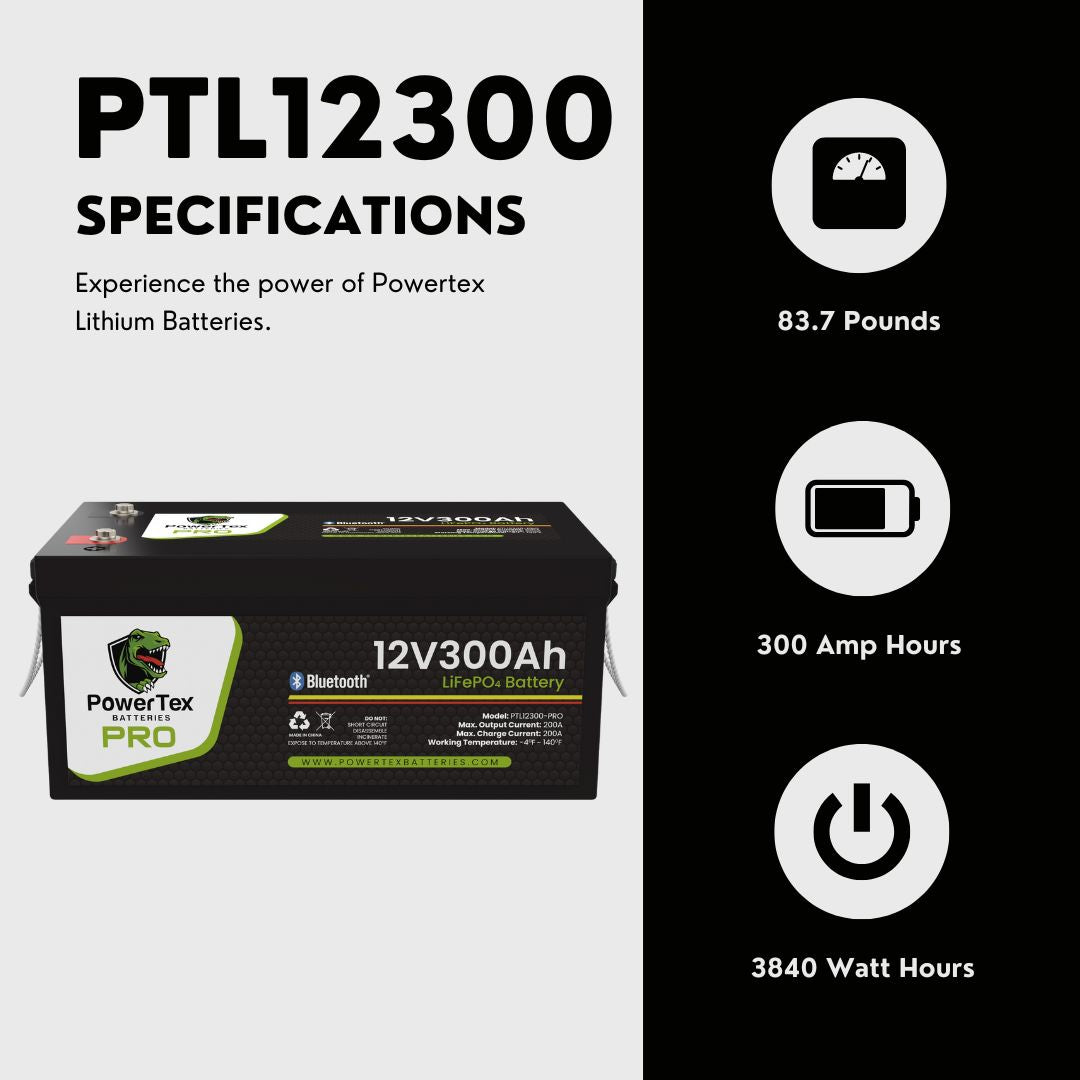 PowerTex Batteries 12V 300Ah Bluetooth Lithium Iron Phosphate LiFePO4 LFP Deep Cycle Rechargeable Battery