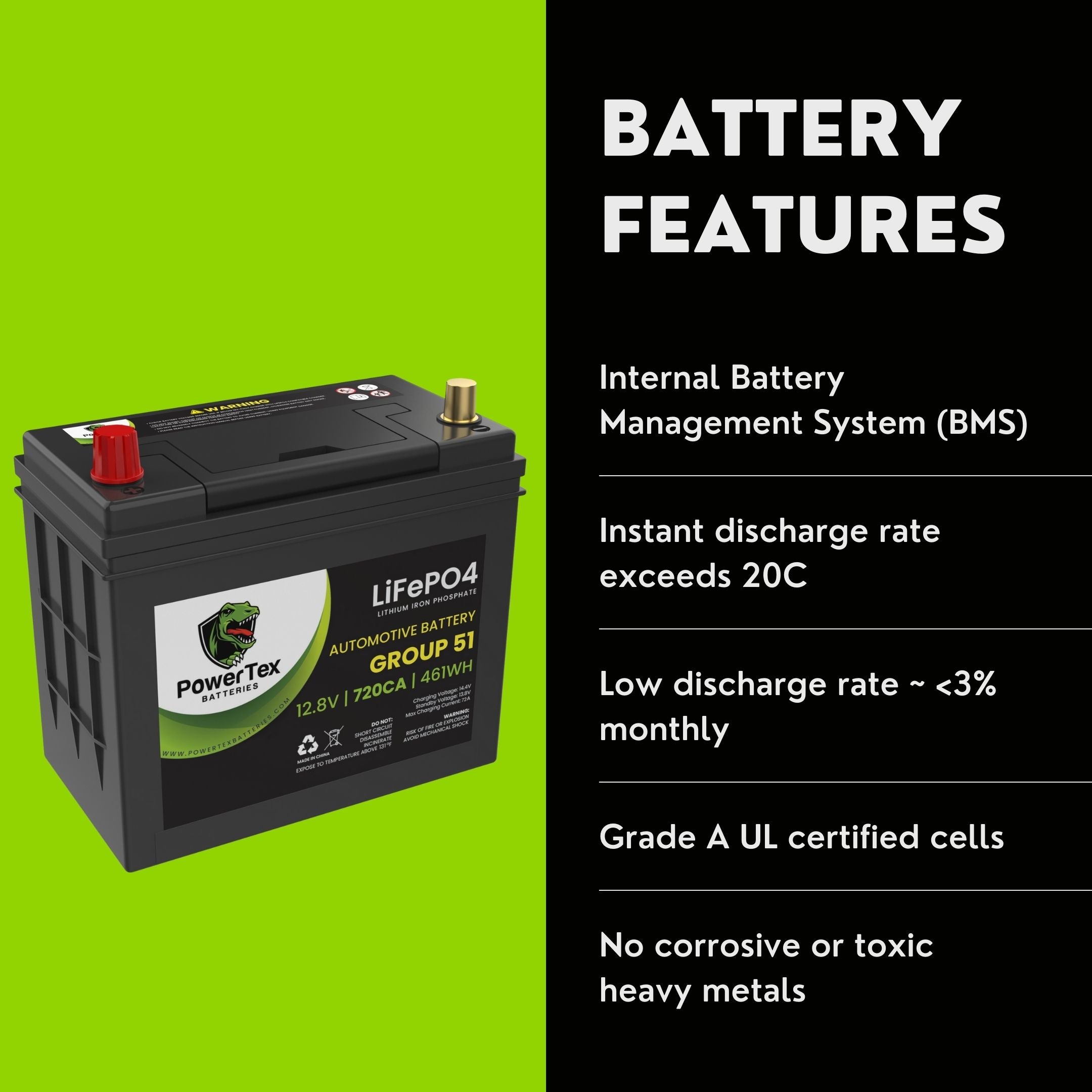 PowerTex Batteries BCI Group 51 Lithium Iron Phosphate LiFePO4 LFP Automotive Car Battery