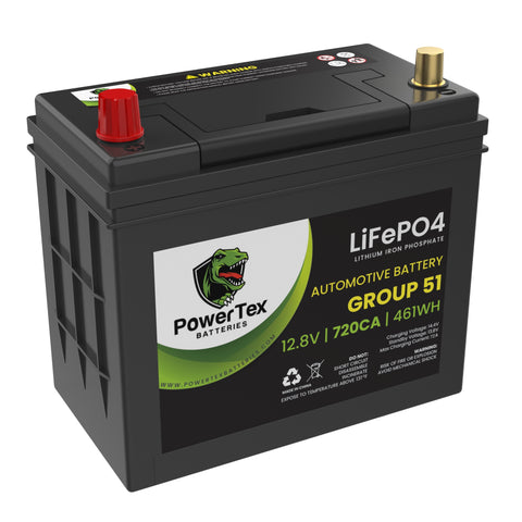 PowerTex Batteries BCI Group 51 Lithium Iron Phosphate LiFePO4 LFP Automotive Car Battery